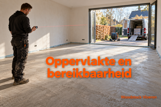 akman meet een ruimte met een laserafstandsmeter, met toegang voor materiaaltransport en de tekst Oppervlakte en bereikbaarheid.