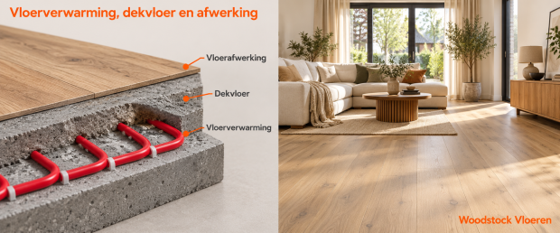 Doorsnede met vloerverwarming, dekvloer en vloerafwerking naast een afgewerkte woonkamer, met de naam Woodstock Vloeren.